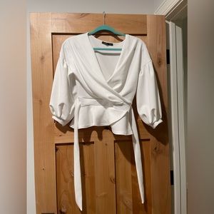 Boohoo White Cropped Blouse with Balloon Sleeve & Tie